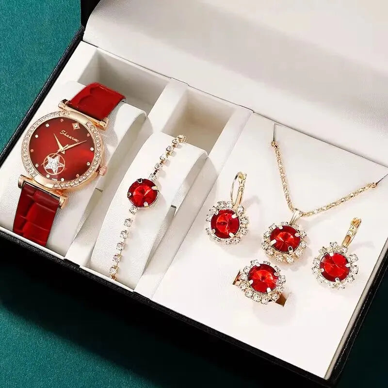 KIT RELÓGIO + PULSEIRAS FEMININA 6 PEÇAS